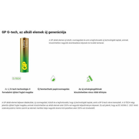 GP Ultra G-TECH alkáli AAA mikró elem (LR03) fóliás/2 (B1910,GP24AU-S2)