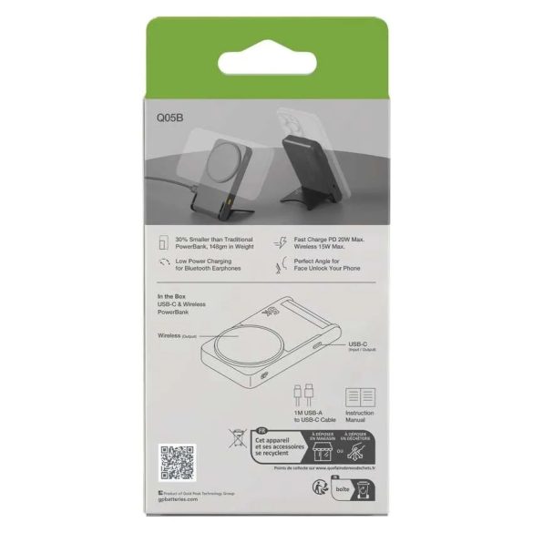 GP Powerbank Q05B , 5 000 mAh, 20 W+Wireless, fekete B6305B