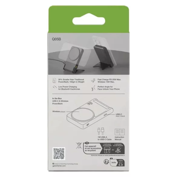 GP Powerbank Q05B , 5 000 mAh, 20 W+Wireless, fekete B6305B