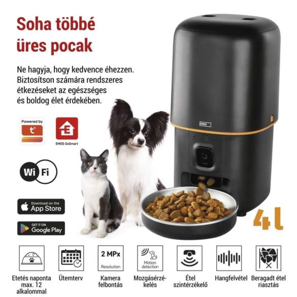 EMOS GoSmart állateledel adagoló kamerával Pet Care, 4 l, fekete, Wi-Fi H6004