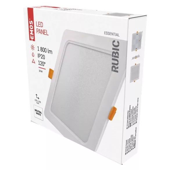 EMOS LED süllyesztett lámpa RUBIC, négyzet, fehér, 18W, természetes fehér ZD2442