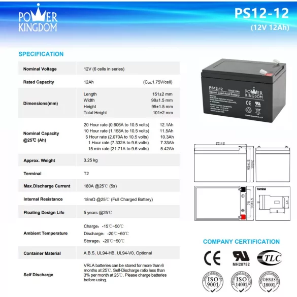 POWER KINGDOM 12V 12Ah PS12-12 ólomakku,VRLA, 151x98x95mm Faston 4,7mm (T1)