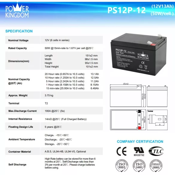 POWER KINGDOM 12V 12Ah PS12P-12 vontatás akku,VRLA,151x98x95mm Faston 4,7mm (T1)