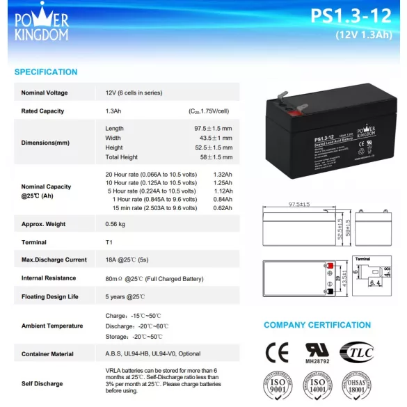 POWER KINGDOM 12V 1,3Ah PS1,3-12 ólomakku,VRLA,97,5x43,5x52,5mm Faston 4,7mm(T1)
