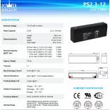 POWER KINGDOM 12V 2,3 Ah PS2,3-12 ólomakku,VRLA,178x34x61,5mm Faston 4,7mm (T1)