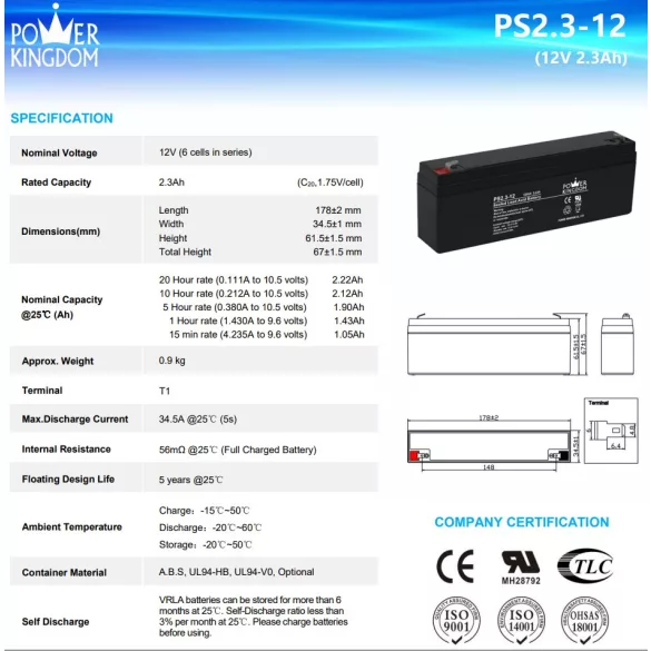 POWER KINGDOM 12V 2,3 Ah PS2,3-12 ólomakku,VRLA,178x34x61,5mm Faston 4,7mm (T1)
