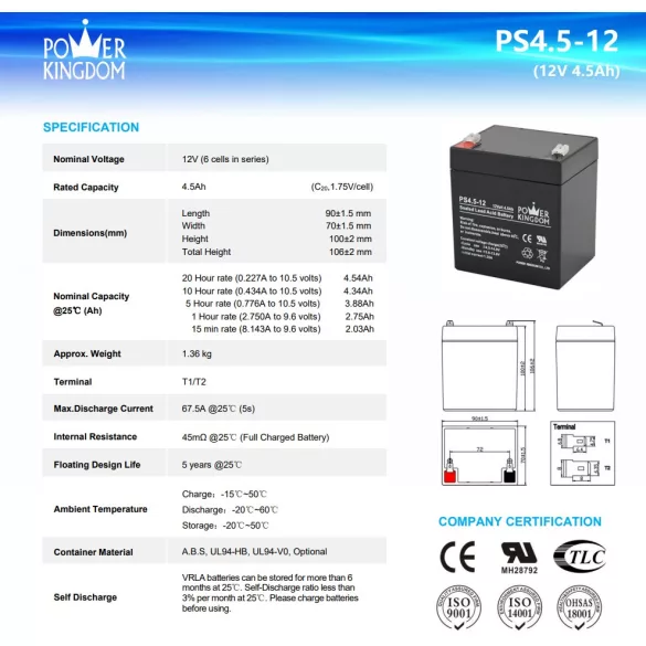 POWER KINGDOM 12V 4,5Ah PS4,5-12 ólomakku,VRLA, 90x70x100mm Faston 4,7mm (T1)