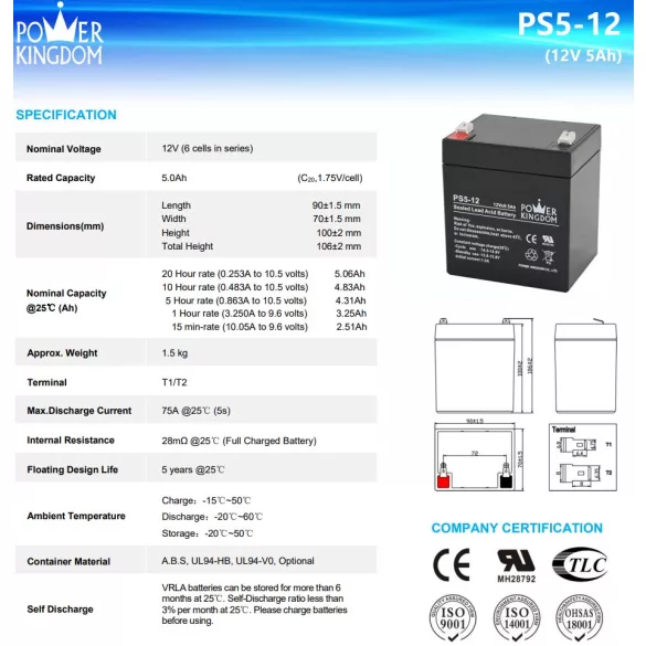 POWER KINGDOM 12V 5Ah PS5-12  ólomakku,VRLA, 90x70x100mm Faston 6,3mm (T2)