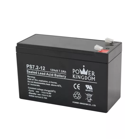 POWER KINGDOM 12V 7,2Ah PS7,2-12 ólomakku,VRLA, 151x65x94mm Faston 4,7mm (T1)