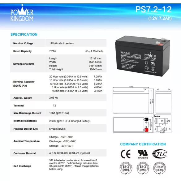 POWER KINGDOM 12V 7,2Ah PS7,2-12  ólomakku,VRLA, 151x65x94mm Faston 6,3mm (T2)