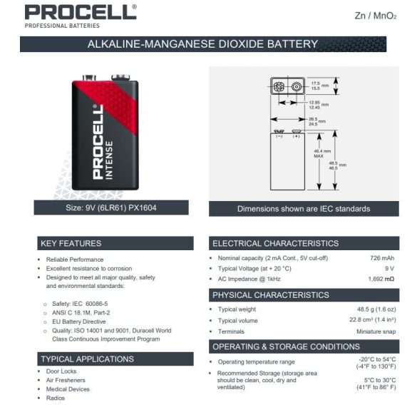 Duracell Procell Intense Power PX1604 (9V) ipari elem fóliás/1 9V