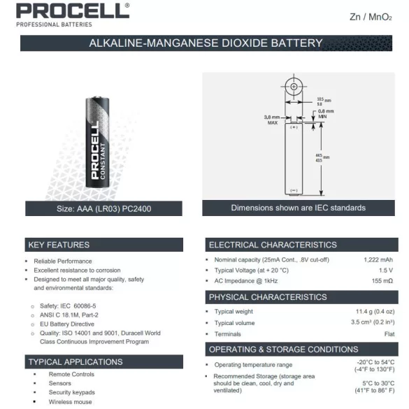 Duracell Procell Constant PC2400 (AAA) mikro ipari elem fóliás/4 1,5V