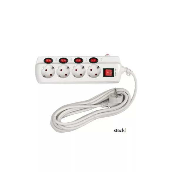 STECK TÚLFESZÜLTSÉGVÉDŐ külön kapcsolható elosztó 4 aljzat/5 méter SEK 450K