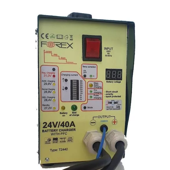 Akkumulátortöltő 24V/40A, csipeszes töltővezetékkel