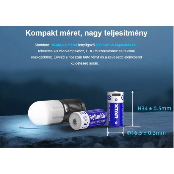 XTAR 16340 (R-CR123) 3,7V 900 mAh Li-ion akku védelemmel USB-C