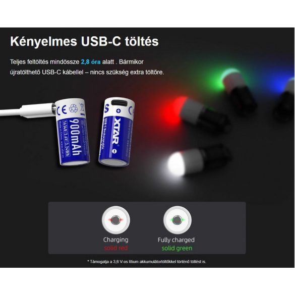 XTAR 16340 (R-CR123) 3,7V 900 mAh Li-ion akku védelemmel USB-C