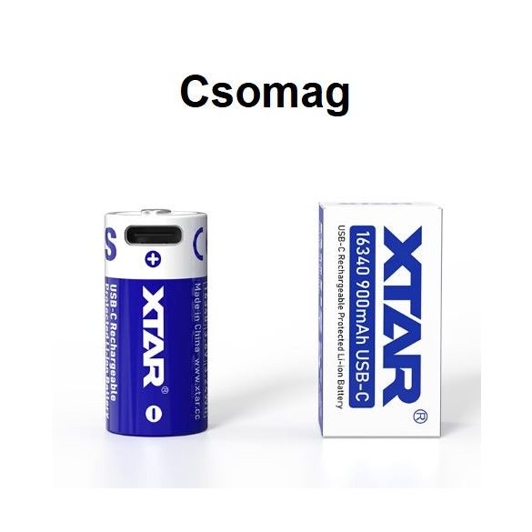 XTAR 16340 (R-CR123) 3,7V 900 mAh Li-ion akku védelemmel USB-C