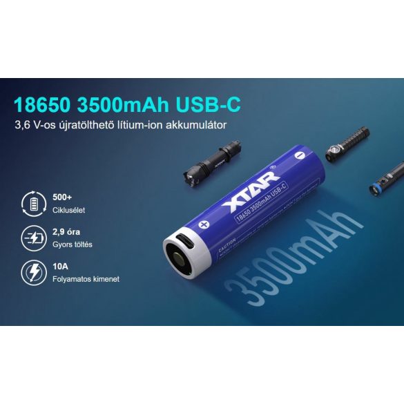 XTAR 18650 3,7V-os Li-ion akku védelemmel, 3500 mAh USB-C