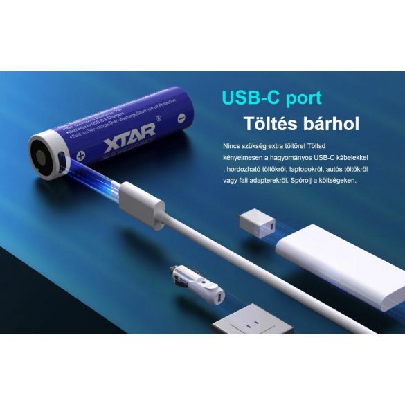 XTAR 18650 3,7V-os Li-ion akku védelemmel, 3500 mAh USB-C
