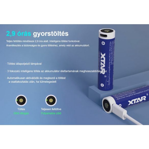 XTAR 18650 3,7V-os Li-ion akku védelemmel, 3500 mAh USB-C