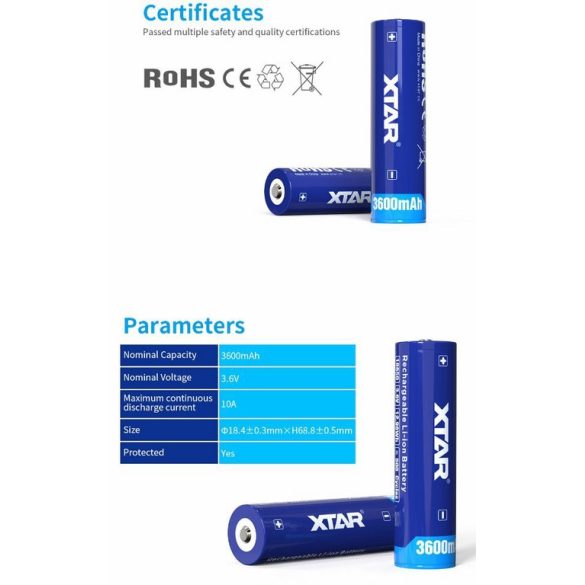 XTAR 18650 3,7V-os Li-ion akku védelemmel, 3600 mAh