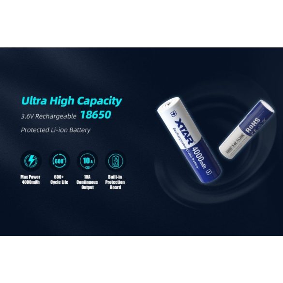 XTAR 18650 3,7V-os Li-ion akku védelemmel, 4000 mAh, 3,6V 10A + ajándék tokkal