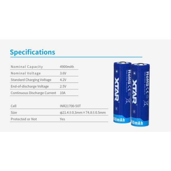 XTAR 21700 Li-ion akku védelemmel,4900mAh 10A