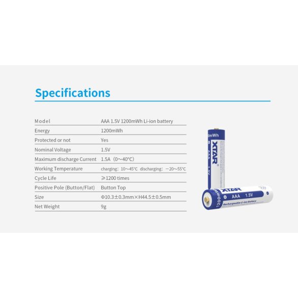 XTAR 10440 AAA 1.5V-OS 750 mAh (1200 mWh) LITHIUM AKKU,VÉDELEMMEL