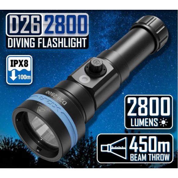XTAR D26 2800 SET búvárlámpa,100m vízálló,2800lm,+1db 21700 akku