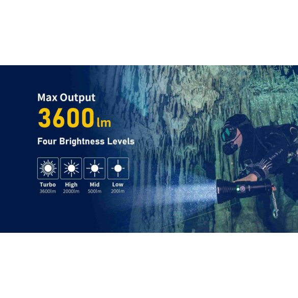 XTAR D28 3600 SET búvárlámpa,100m vízálló,3600lm+MC4S töltő+4x18650 akku