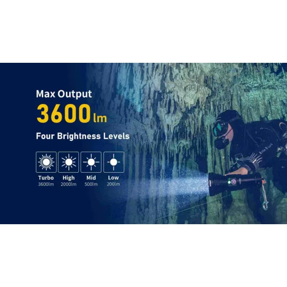 XTAR D28 3600 SET búvárlámpa,100m vízálló,3600lm+MC4S töltő+4x18650 akku