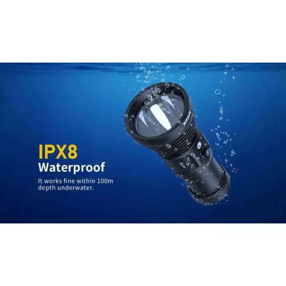 XTAR D28 3600 SET búvárlámpa,100m vízálló,3600lm+MC4S töltő+4x18650 akku