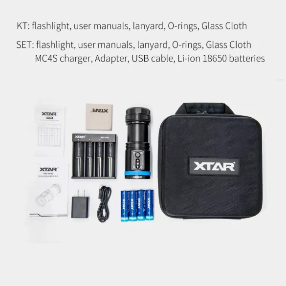 XTAR D30 4000 SET búvárlámpa,100m vízálló 4000lm+MC4S töltő+ 4x18650 akku