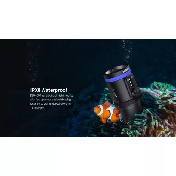 XTAR D30 4000 SET búvárlámpa,100m vízálló 4000lm+MC4S töltő+ 4x18650 akku