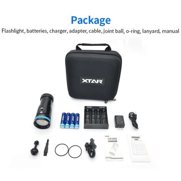 XTAR D30 6000 SET búvárlámpa,100m vízálló 6000lm+MC4S töltő+ 4x18650 akku