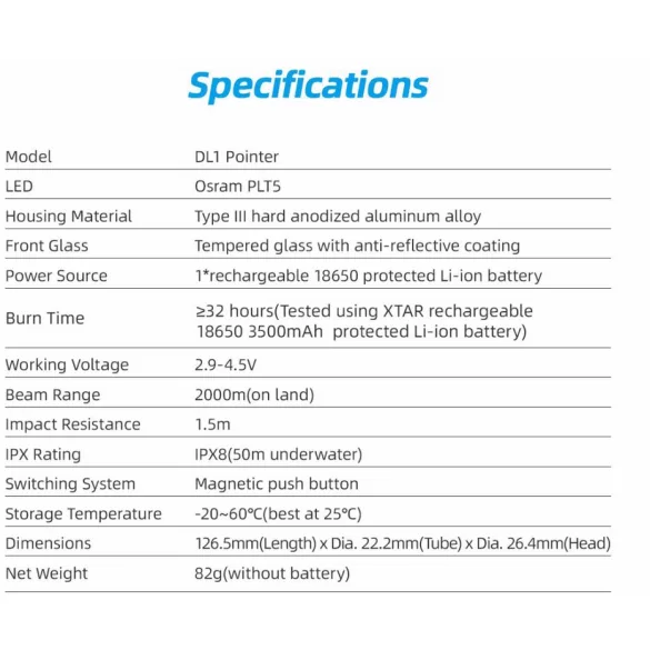 XTAR-DL1 KT búvárlámpa,LÉZER POINTER ,50m vizálló