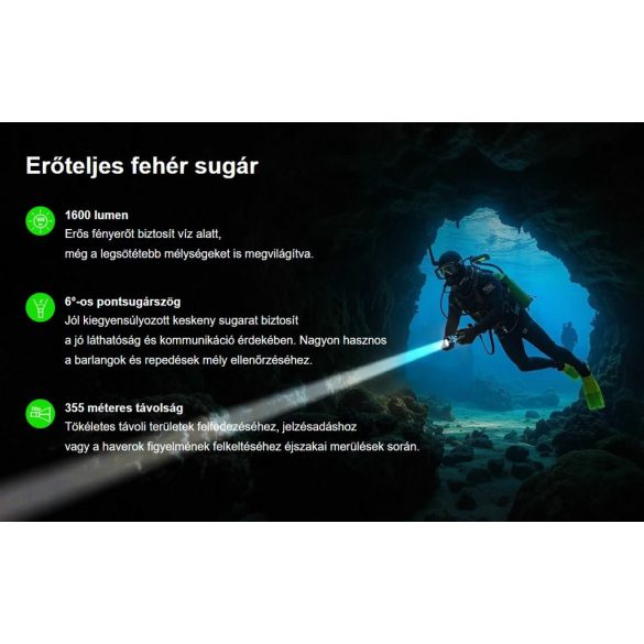 XTAR DL2 1600 KT búvárlámpa,100m vízálló,1600lm,lézer+LED