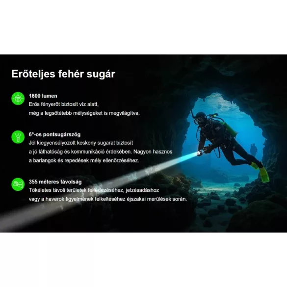 XTAR DL2 1600 KT búvárlámpa,100m vízálló,1600lm,lézer+LED