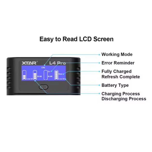 XTAR L4 PRO smart akkutöltő 4x1,5v Li-ion és 1,2V Ni-Mh AA/AAA akkukhoz,USB