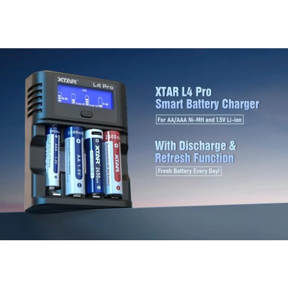 XTAR L4 PRO KT smart akkutöltő 4x1,5v Li-ion és 1,2V Ni-Mh AA/AAA akkukhoz,USB