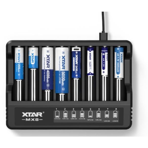XTAR MX8 KT 8as sortöltő,szinte minden akkuhoz,LCD kijelzővel,többszintű védelem