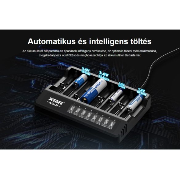 XTAR MX8 KT 8as sortöltő,szinte minden akkuhoz,LCD kijelzővel,többszintű védelem