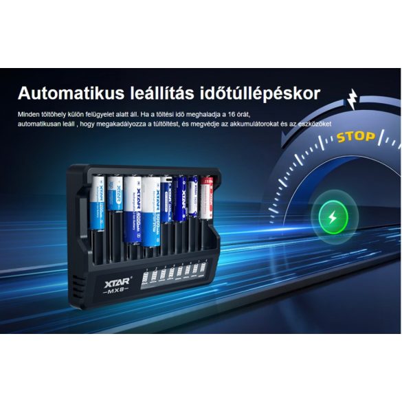 XTAR MX8 KT 8as sortöltő,szinte minden akkuhoz,LCD kijelzővel,többszintű védelem