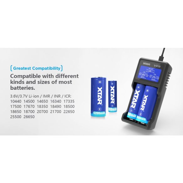 XTAR VC2 akkutöltő 2 csatornás Li-ion akkukhoz 3,6/3,7V