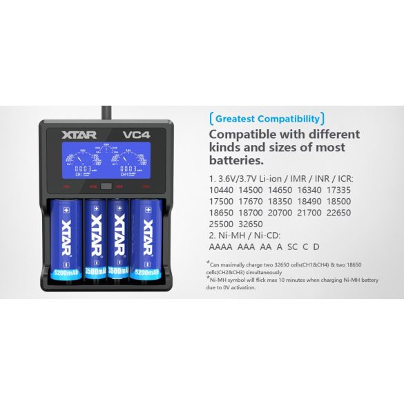 XTAR VC4 SMART akkutöltő 4 csatornás Ni-Mh,Ni-CD,Li-ion,IMR,INR,ICR akkukhoz