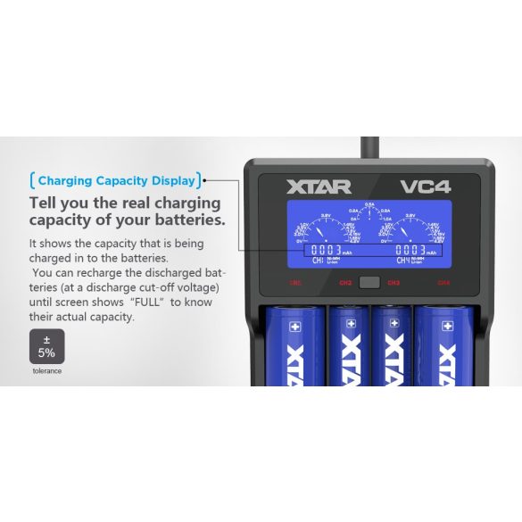 XTAR VC4 SMART akkutöltő 4 csatornás Ni-Mh,Ni-CD,Li-ion,IMR,INR,ICR akkukhoz