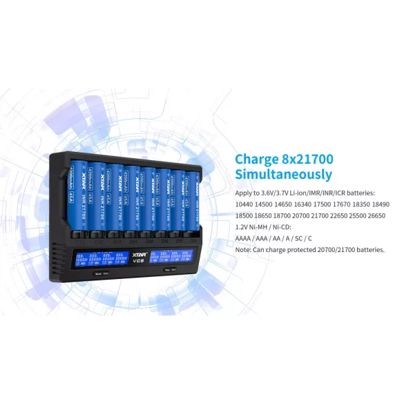 XTAR VC8 GEN2 akkutöltő 8db Li-ion Ni-Mh Ni-Cd akkuhoz+ teszt USB