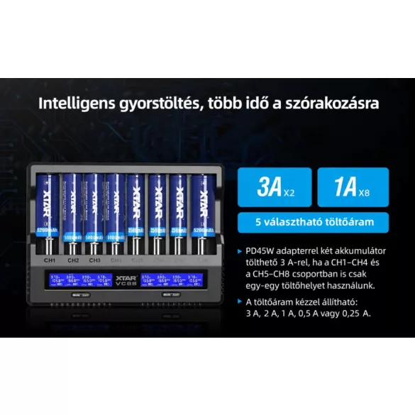 XTAR VC8S SMART SZETT akkutöltő,8 csatornás Li-ion,Ni-Mh akkukhoz 45W adapterrel