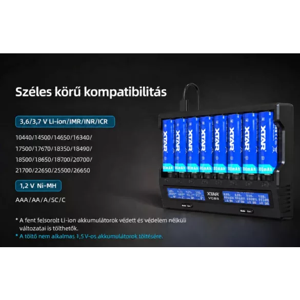 XTAR VC8S SMART KT akkutöltő 8 csatornás Li-ion,Ni-Mh akkukhoz USB-C