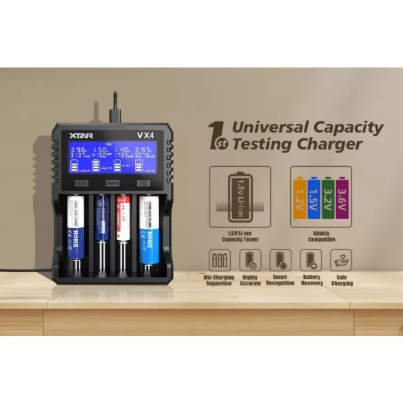 XTAR VX4 KT akkutöltő 4 db akkuhoz  (Li-ion,Ni-Mh,Ni-Cd) + reaktiválás